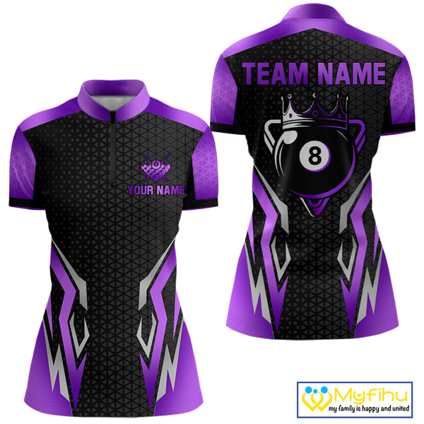 Black Purple 8 Ball Pool Crown Billiard Shirt For Women Custom Billiard Jersey Team Polo & 1/4 Zip TDM4323