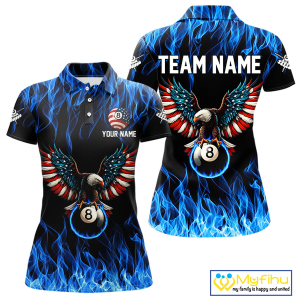 Blue Flaming American Flag Eagle 8 Ball Billiard Shirt For Women Custom Patriotic Pool Team Jersey TDM4328