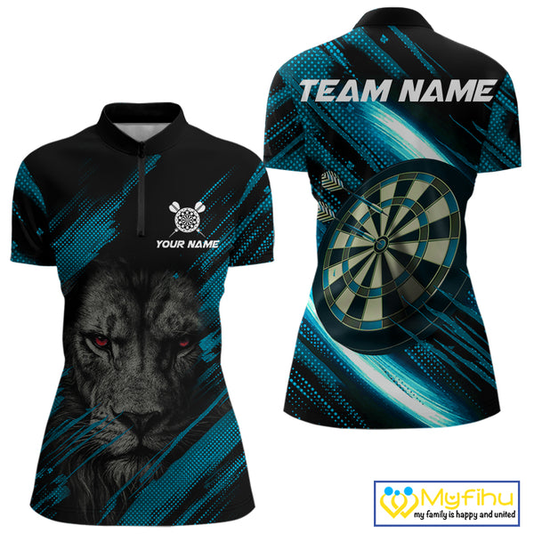 Personalized Cyan & Black Lion Darts Shirt For Women Custom Light Dartboard Jersey Polo & 1/4 Zip TDM4335