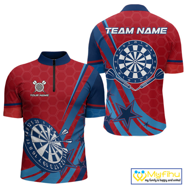 Red And Blue Stars Darts Shirt For Men Custom Dartboard Jerseys Team Polo & 1/4 Zip, Darts Outfit TDM4357