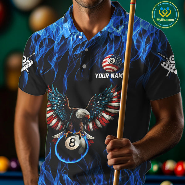 Blue Flaming American Flag Eagle 8 Ball Billiard Shirt For Men Custom Patriotic Pool Team Jersey TDM4328
