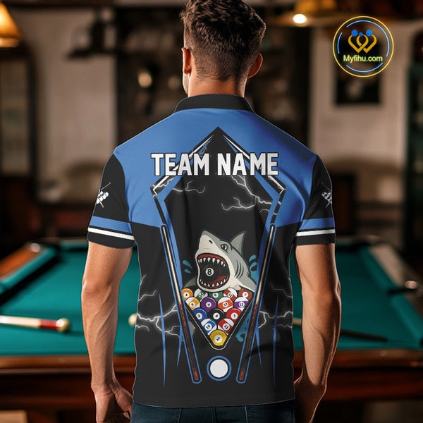 Black Blue Funny Pool And Shark Billiard Shirts For Men Custom 8 Ball Billiard Team Jerseys TDM4081