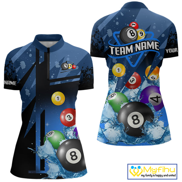 Blue Billiard Jerseys For Women Custom 3D Pool Balls Billiard Shirts Team Polo & Quarter Zip TDM4087