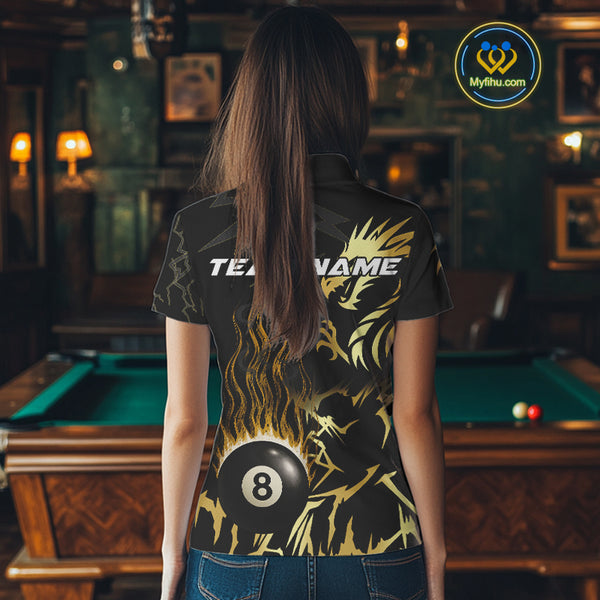 Black And Gold Flame 8 Ball Pool Shirt For Women Custom Dragon Billiards Team Jersey Polo & 1/4 Zip TDM4103