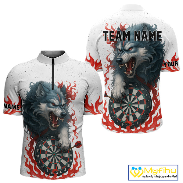 Personalized Wolf Flaming Dart Shirts For Men Custom Darts Jerseys Team Polo & Quarter Zip | Red TDM4112