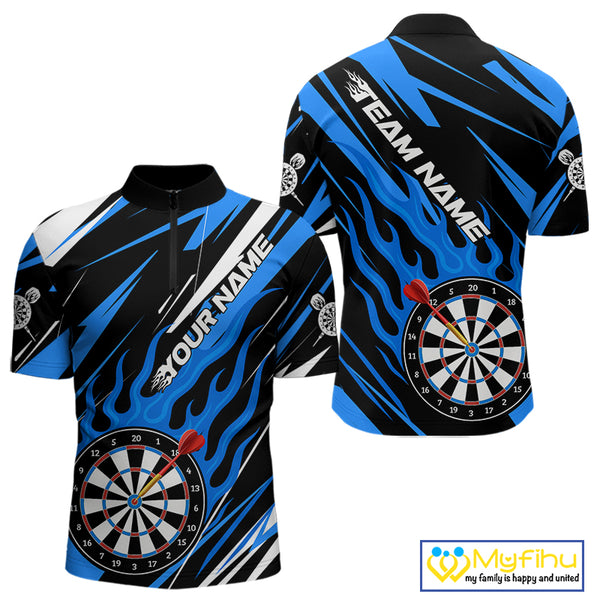 Blue Dartboard Flame Custom Dart Shirts For Men, Darts Team Jerseys Polo & Quarter Zip Shirts TDM4004