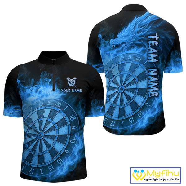 Personalized Blue Dartboard Dragon Flame Darts Shirt For Men Custom Dart Jerseys Polo & 1/4 Zip TDM4070
