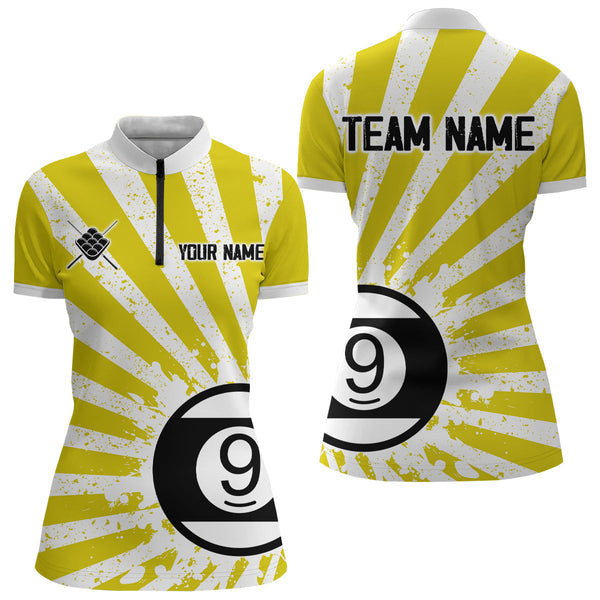 Funny Grunge Billiard 9 Ball Women Polo & Quarter-Zip Shirts Custom Yellow 9 Ball Pool Jerseys Attire TDM1881