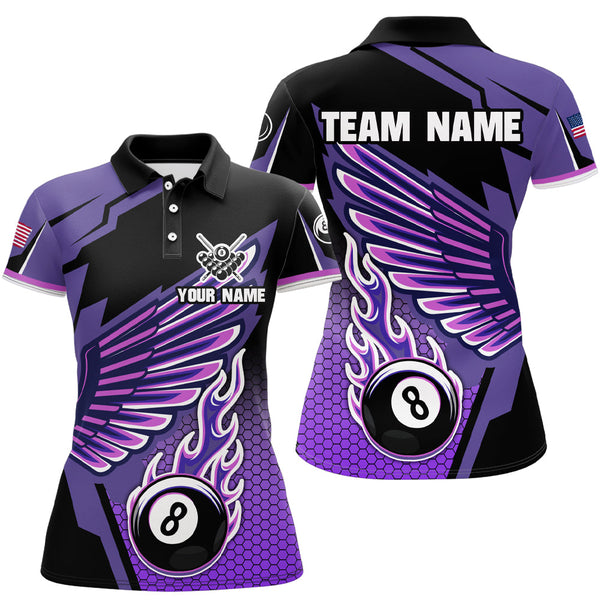 Personalized Billiard Purple Cool Wing Women Polo & Quarter-Zip Shirts, 8 Ball Pool Jersey Shirts TDM1722