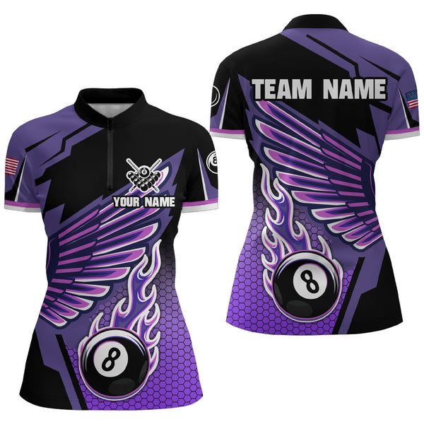 Personalized Billiard Purple Cool Wing Women Polo & Quarter-Zip Shirts, 8 Ball Pool Jersey Shirts TDM1722
