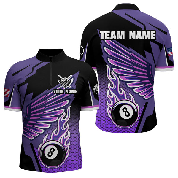 Personalized Billiard Purple Cool Wing Men Polo & Quarter-Zip Shirts, 8 Ball Pool Jersey Shirts TDM1722
