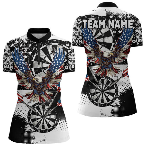 Custom Dart Shirt For Women, Grunge Eagle American Flag Black White Polo, 1/4 Zip Darts Jersey TDM3877
