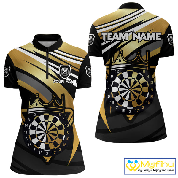 Black And Gold Dartboard Crown Darts Shirt For Women Custom Darts Sport Jersey Team Polo & 1/4 Zip TDM4793