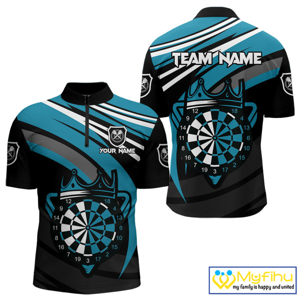 Black & Turquoise Dartboard Crown Darts Shirt For Men Custom Darts Jersey Team Polo & 1/4 Zip TDM4795