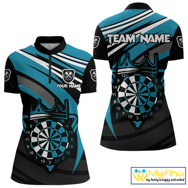 Black & Turquoise Dartboard Crown Darts Shirt For Women Custom Darts Jersey Team Polo & 1/4 Zip TDM4795