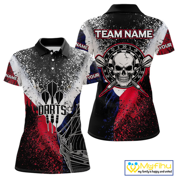 Custom Red, White And Blue Skull Darts Team Polo Shirts For Women, Dart Jerseys NYN0076