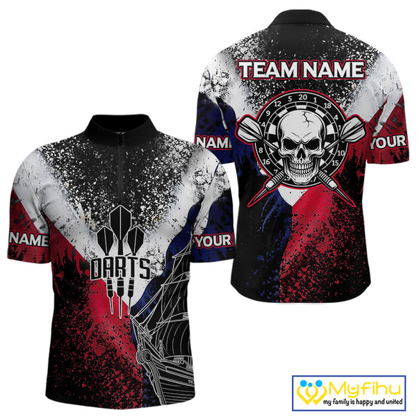 Custom Red, White And Blue Skull Darts Team Quarter-Zip Shirts For Men, Dart Jerseys NYN0076