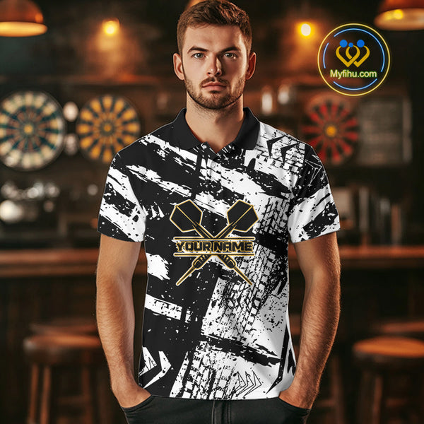 Custom Grunge Black And White Tire Dart Team Polo Shirts For Men, Dart Jerseys NYN0079