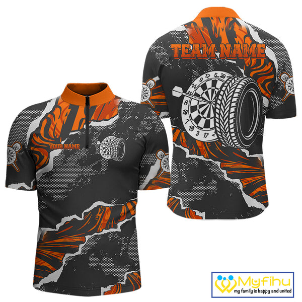 Custom Black And Orange Camo Dart Jerseys, Dart Quarter-Zip Shirts For Men, Dart League Shirt NYN0083