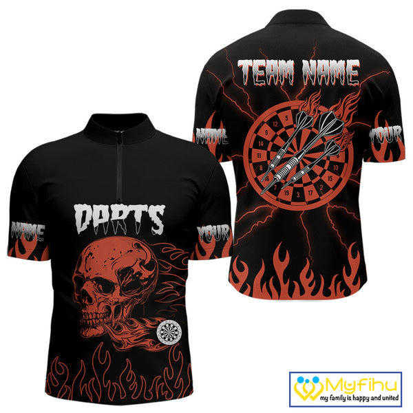 Custom Black And Red Flame Skull Darts Men Quarter-Zip Shirts, Thunder Lightning Dart Jerseys NYN0085