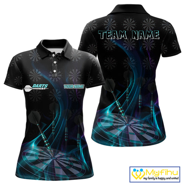 Custom Black Blue Dartboard Neon Effect Darts Polo Shirts For Women, Dart Jerseys NYN0692