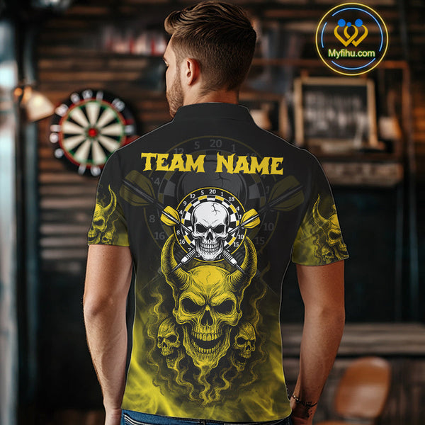 Custom Yellow Smoke Skull Darts Team Men Polo Shirts, Halloween Dart Outfit NYN0086
