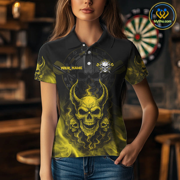 Custom Yellow Smoke Skull Darts Team Women Polo Shirts, Halloween Dart Outfit NYN0086