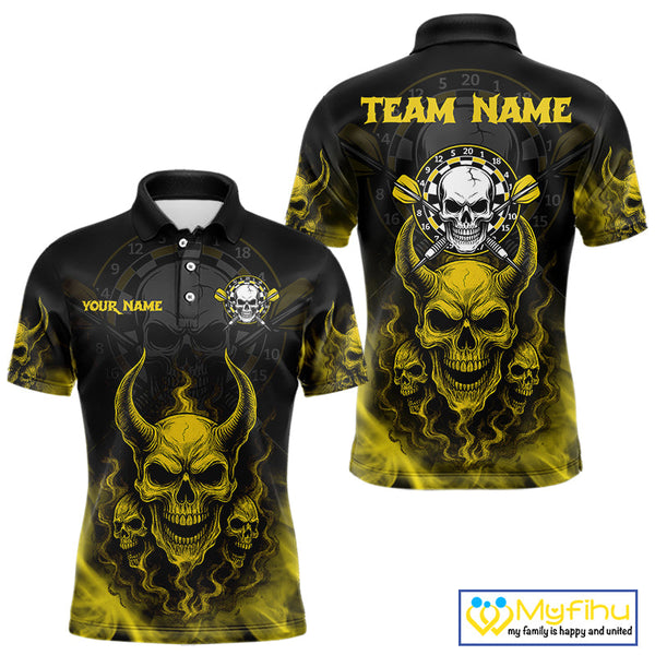 Custom Yellow Smoke Skull Darts Team Men Polo Shirts, Halloween Dart Outfit NYN0086