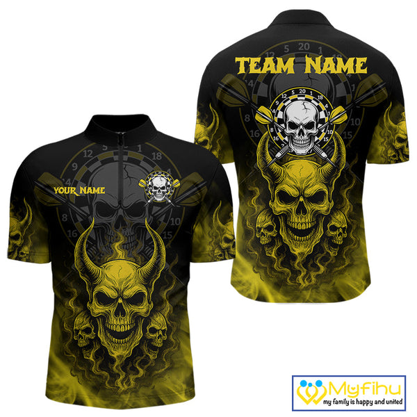 Custom Yellow Smoke Skull Darts Team Men Quarter-Zip Shirts, Halloween Dart Outfit NYN0086