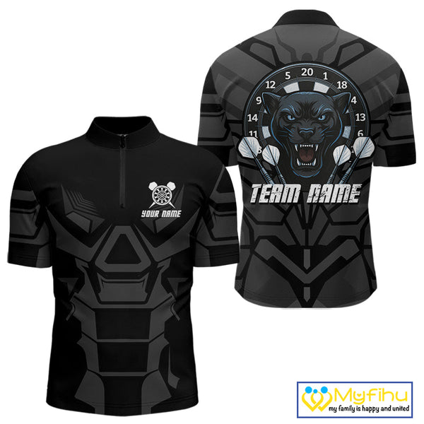 Custom Black And Blue Panther Dart Team Quarter-Zip Shirt For Men, Dart League Shirt NYN0438