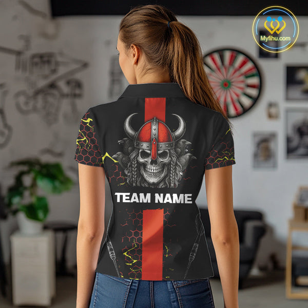 Custom Black And Red Viking Skull Dart Polo Shirt For Women, Dart Team Jerseys NYN0445