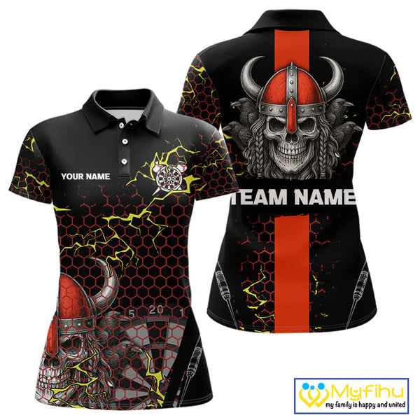 Custom Black And Red Viking Skull Dart Polo Shirt For Women, Dart Team Jerseys NYN0445