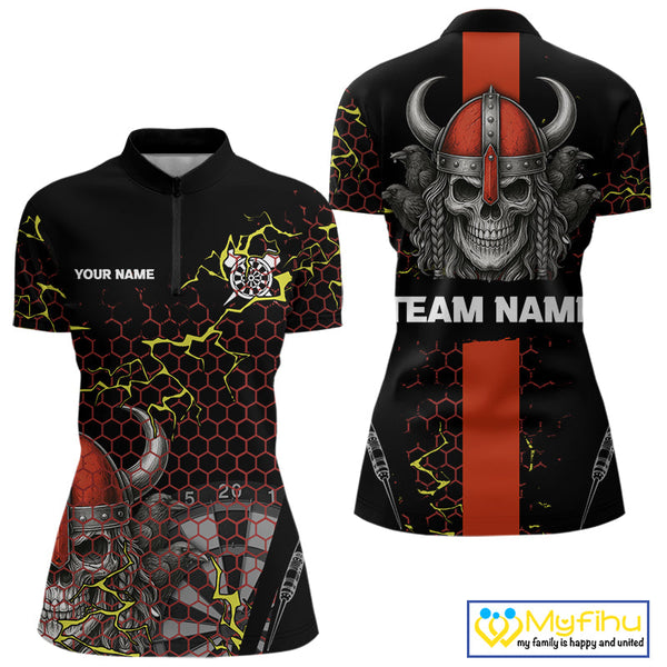 Custom Black And Red Viking Skull Dart Quarter-Zip Shirt For Women, Dart Team Jerseys NYN0445
