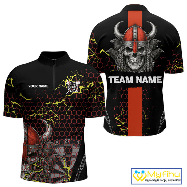 Custom Black And Red Viking Skull Dart Quarter-Zip Shirt For Men, Dart Team Jerseys NYN0445