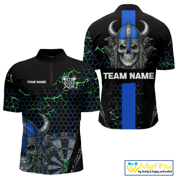 Custom Black And Blue Viking Skull Dart Quarter-Zip Shirt For Men, Dart Team Jerseys NYN0446
