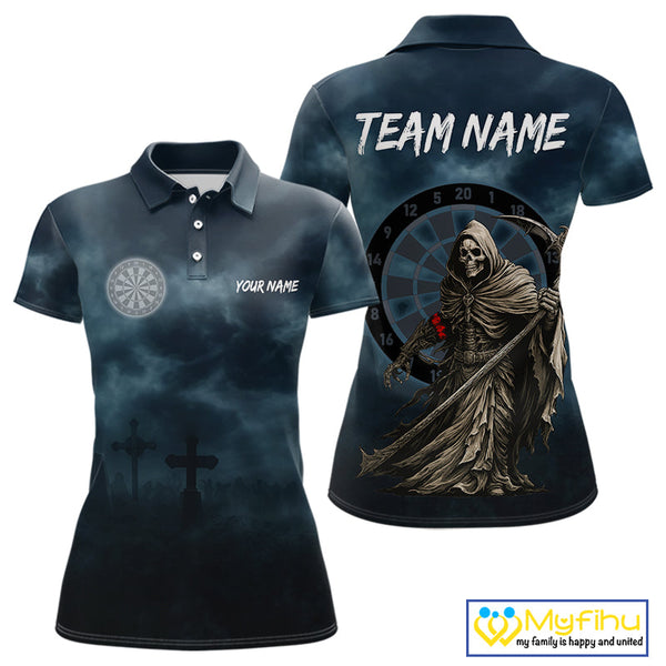 Custom Dark Blue Grim Reaper Dartboard Polo Shirts For Women, Halloween Outfit NYN0698