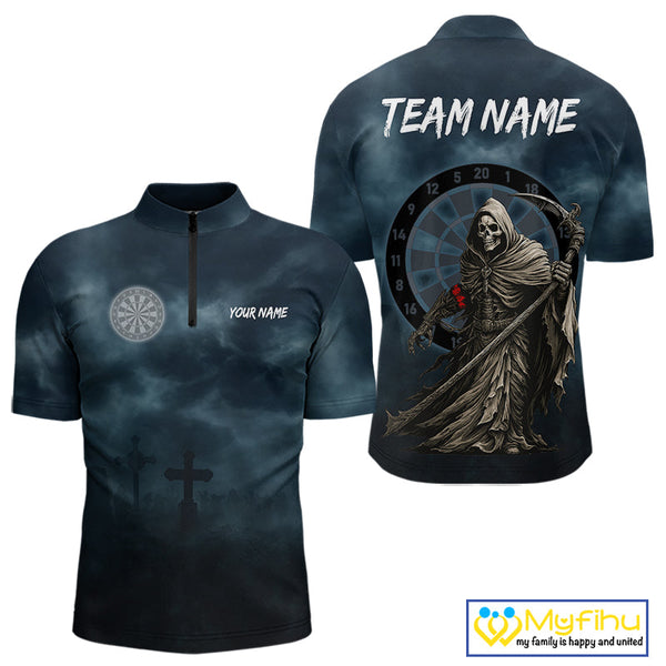 Custom Dark Blue Grim Reaper Dartboard Quarter-Zip Shirts For Men, Halloween Outfit NYN0698