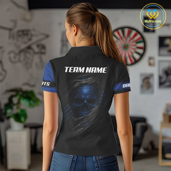 Custom Black Blue Skull Darts Polo Shirts For Women, Uk Flag Dart Jerseys NYN0701