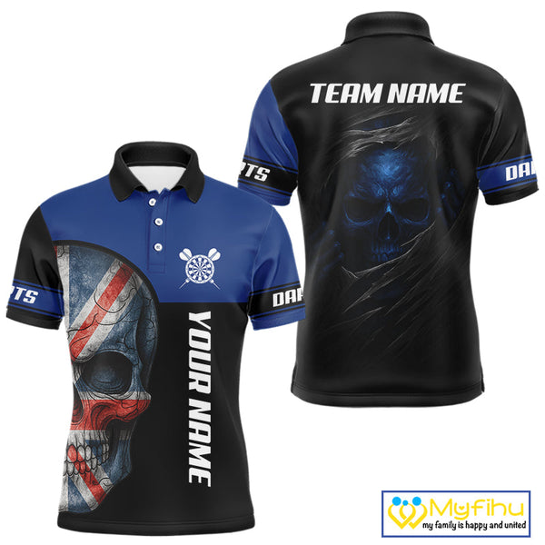 Custom Black Blue Skull Darts Polo Shirts For Men, Uk Flag Dart Jerseys NYN0701