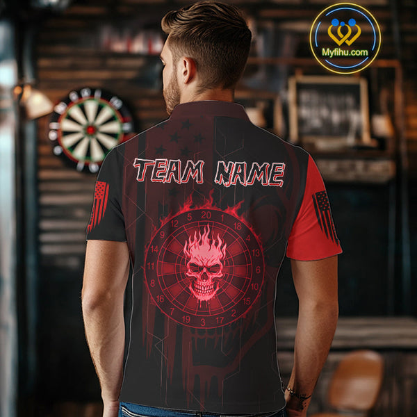 Custom Black And Red Flame Skull Dartboard Polo Shirts For Men, Halloween Outfit NYN0702