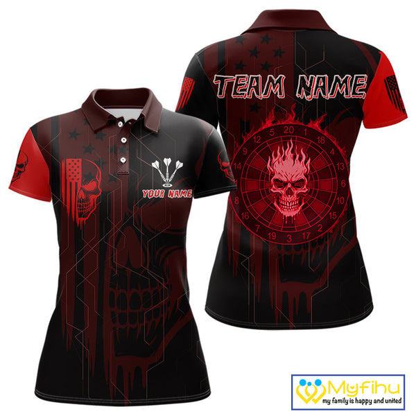 Custom Black And Red Flame Skull Dartboard Polo Shirts For Women, Halloween Outfit NYN0702
