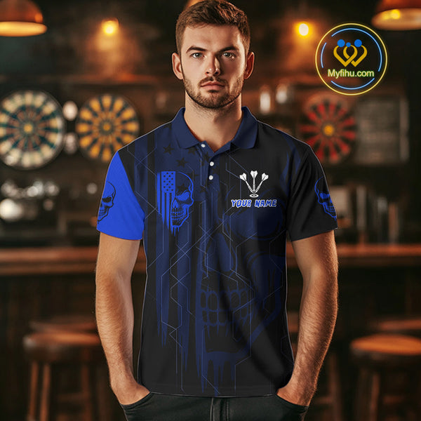 Custom Blue Skull Flame Dartboard Dart Polo Shirts For Men, Halloween Dart Jersey NYN0704
