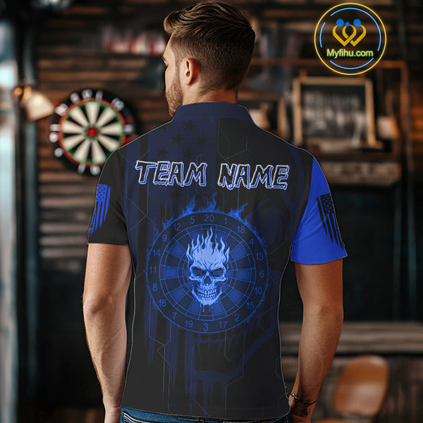 Custom Blue Skull Flame Dartboard Dart Polo Shirts For Men, Halloween Dart Jersey NYN0704