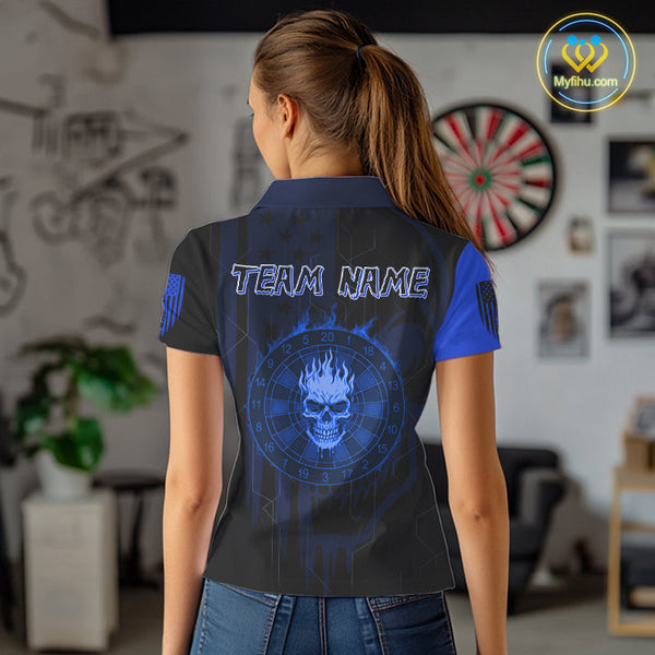 Custom Blue Skull Flame Dartboard Dart Polo Shirts For Women, Halloween Dart Jersey NYN0704