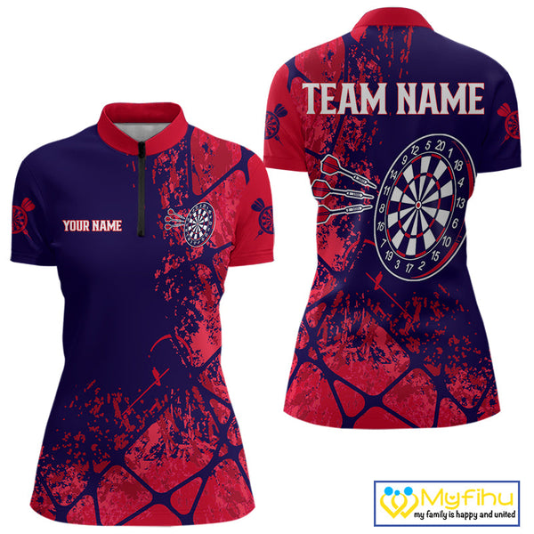Custom Red And Blue Splatter Darts Team Quarter-Zip Shirts For Women, Dart Jerseys NYN0098
