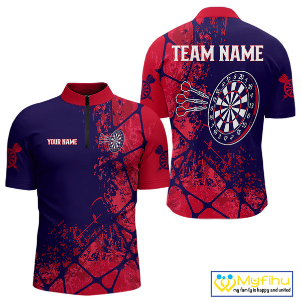 Custom Red And Blue Splatter Darts Team Quarter-Zip Shirts For Men, Dart Jerseys NYN0098