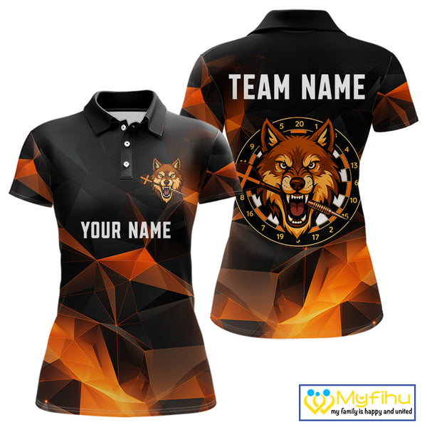 Custom Black And Orange Polygon Pattern Wolf Dart Team Women Polo Shirt, Dart League Shirt NYN0099