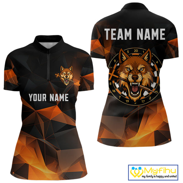 Custom Black And Orange Polygon Wolf Dart Women Quarter-Zip Shirt, Dart League Shirt NYN0099