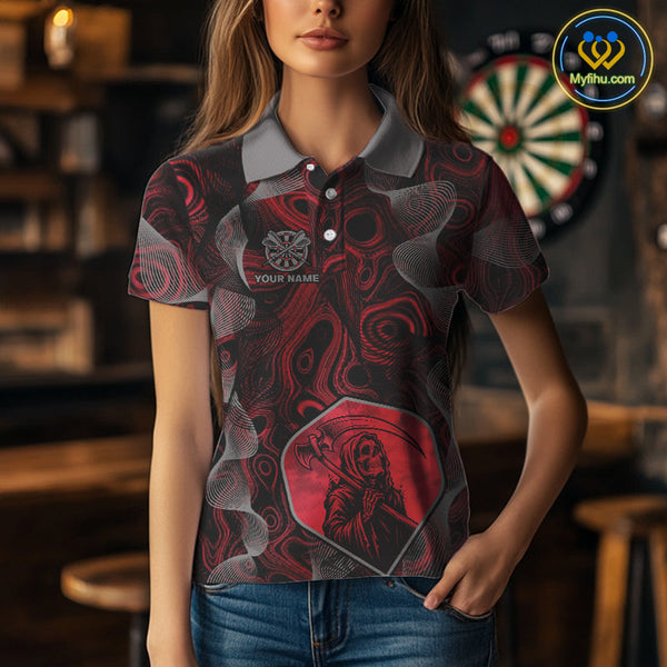 Custom Black And Red Camouflage Dart Grim Reaper Polo Shirt For Women, Dart Jerseys NYN0460