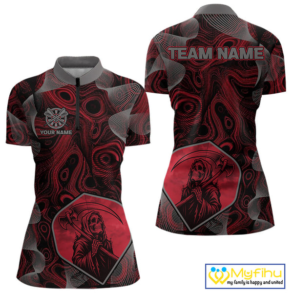 Custom Black And Red Camouflage Dart Grim Reaper Quarter-Zip Shirt For Women, Dart Jerseys NYN0460